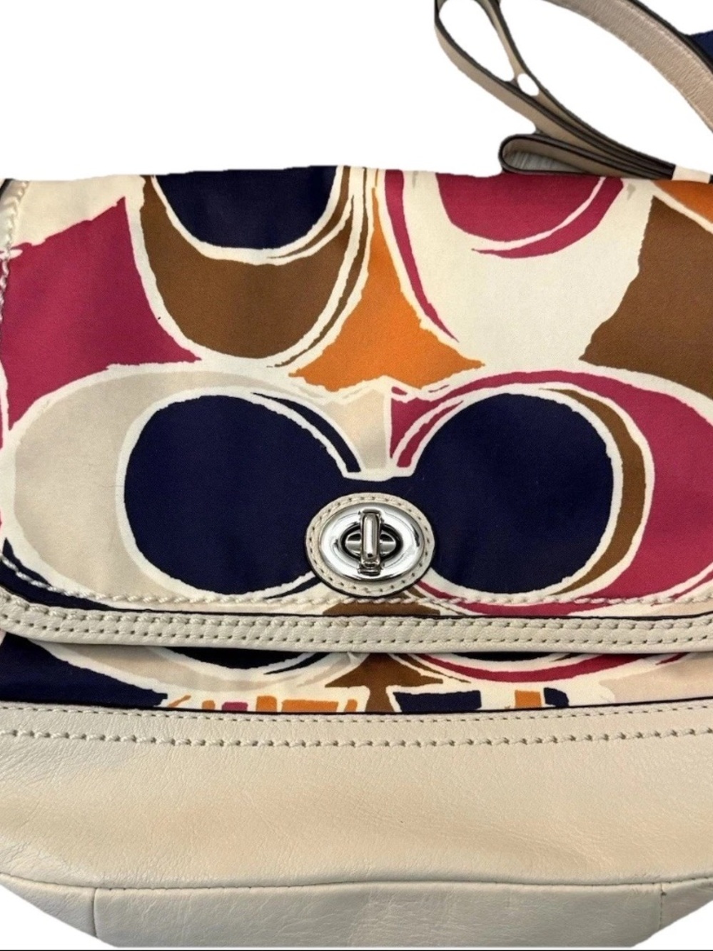 Coach Cream Leather Trim Crossbody with Navy, Pink, Orange & Brown In Monogram